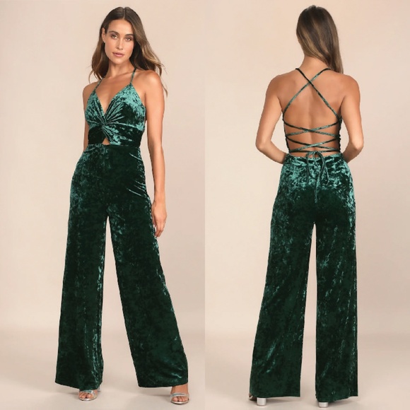 LULUS Dreams of Disco Emerald Green Velvet Lace-Up Jumpsuit Size Large Holiday - Picture 1 of 8